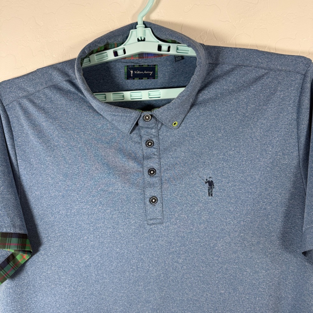 William Murray Polo Shirt Mens XL Blue Plaid Trim Golf Performance Activewear